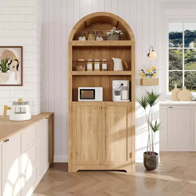 72'' Tall Arched Cabinet, 5 Tier Arched Bookshelf with Double Doors & Adjustable Shelf, Wooden Bookcase with Storage for Home Office