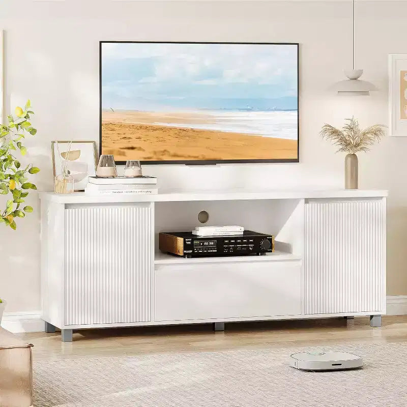 Fluted TV Console with Storage – Fits TVs up to 70 Inches, White