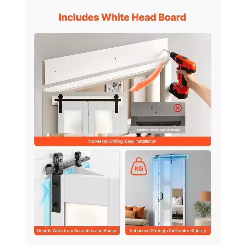 VEVOR Bifold Barn Door, 36 x 84, Frosted Glass Barn Door with Header Board and Hardware Kit Included, Space-Saving Design, White