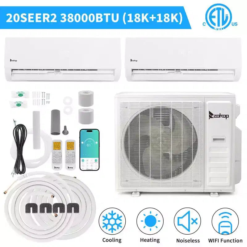 Karl Home 2-Zone 38000 BTU 20 SEER2 Mini Split Air Conditioner with Heat Pump (18K+18K)