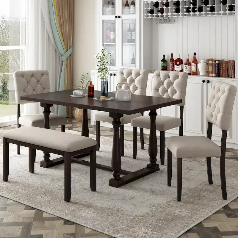 Espresso Retro 6-Piece Wooden Dining Table Set with Rectangular Table & 4 Chairs