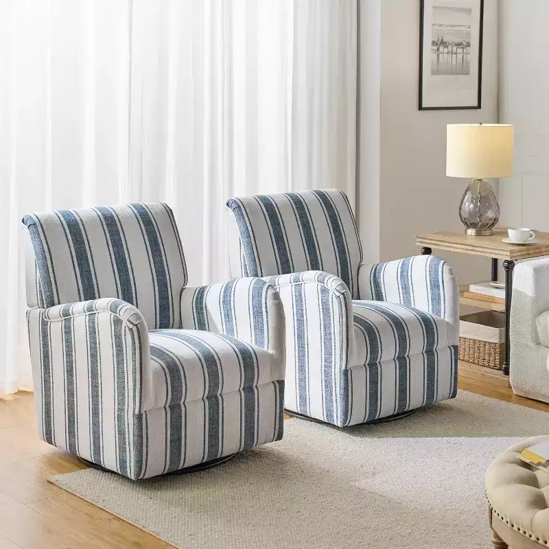 Set of 2 Livia Transitional 360-Degree Swivel Armchair With Jacobean Strip Pattern | HULALA HOME