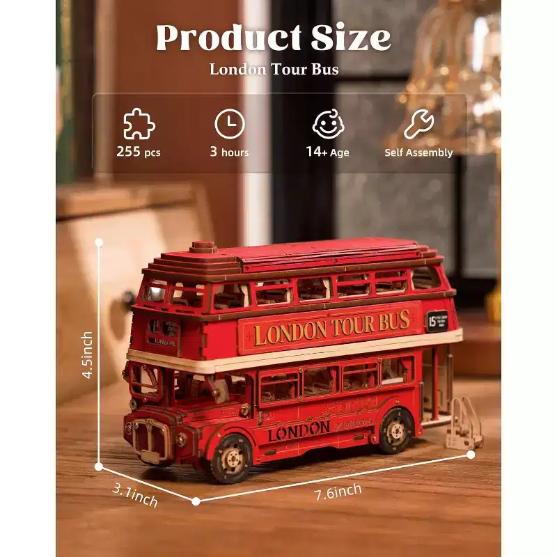 Rolife 3D Wooden Puzzles London Tour Bus 4.4 Wood Model Toy Car to Build Crafts for Adults Collectibles Gifts