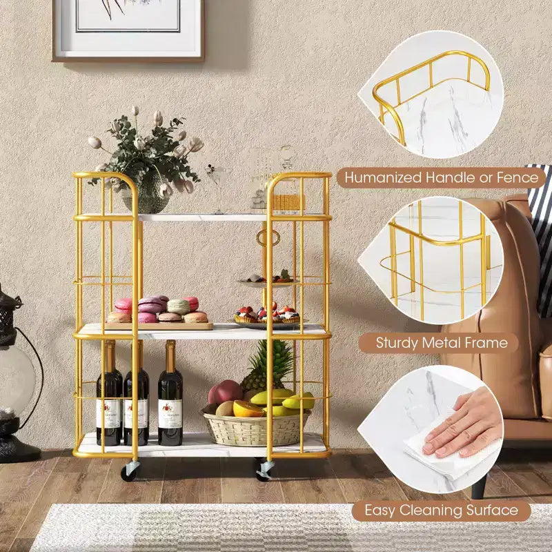 3-Tier Kitchen Storage Utility Cart Gold Rolling Bar Serving w/Lockable Casters