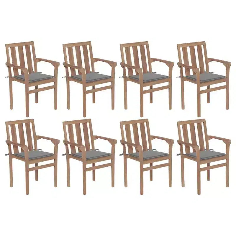 vidaXL Set of 8 Teak Wood Stackable Patio Chairs with Gray Cushions - Durable Garden/Outdoor Seating