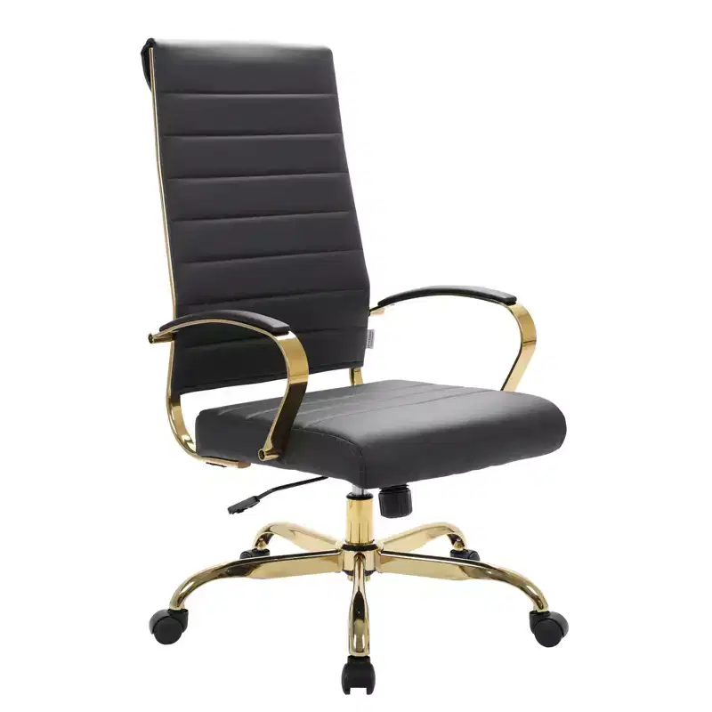 LeisureMod Benmar High-Back Ribbed Leather Office Chair - Modern Swivel & Tilt Executive Desk Chair - Gold Base