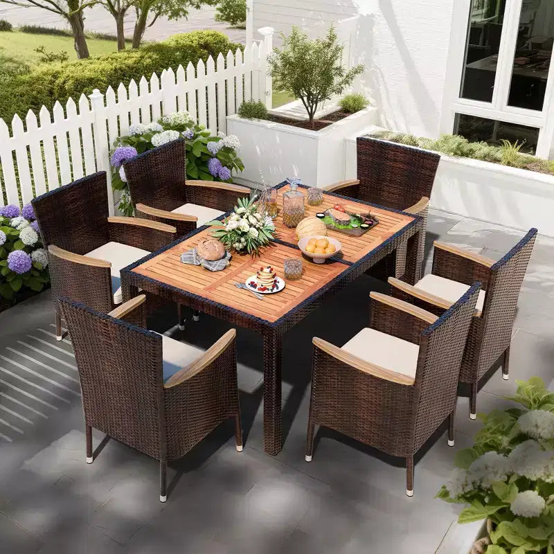 Celebalcony 7 Piece Patio Dining Set,Wicker Patio Conversation Set with Wooden Table Top,Outdoor Table and Chairs for Backyard and Garden