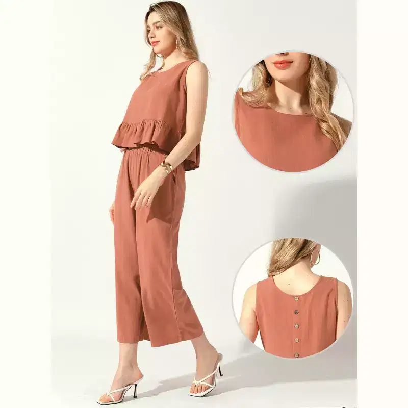 Allegra K Women's Summer Linen Crop Tank Tops Lounge Matching Sets Long Track Pants Trousers Tracksuits