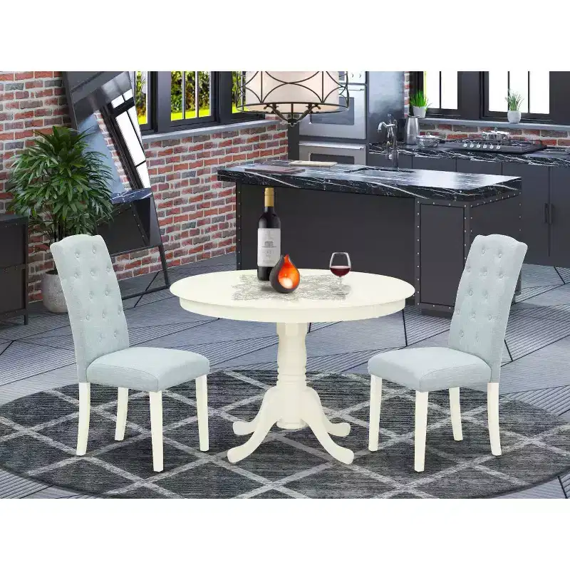 Coastal 3Pc Dinette Set - Round Table & 2 Parsons Chairs - Linen White & Baby Blue