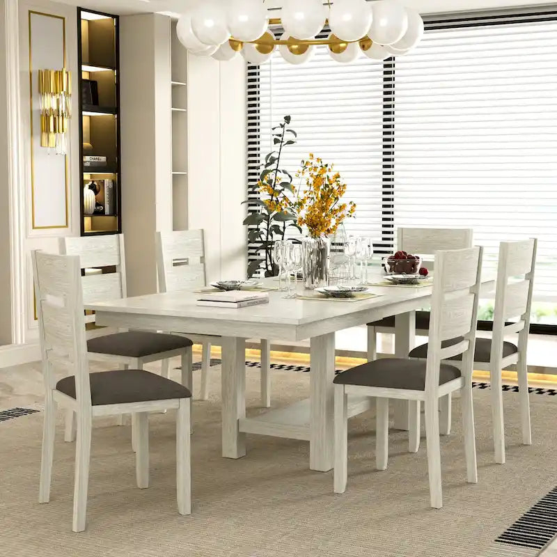 7-Piece Dining Table Set, Thickened Solid Wood Rectangular Extendable Dining Table & 6 Solid Wood Dining Chairs