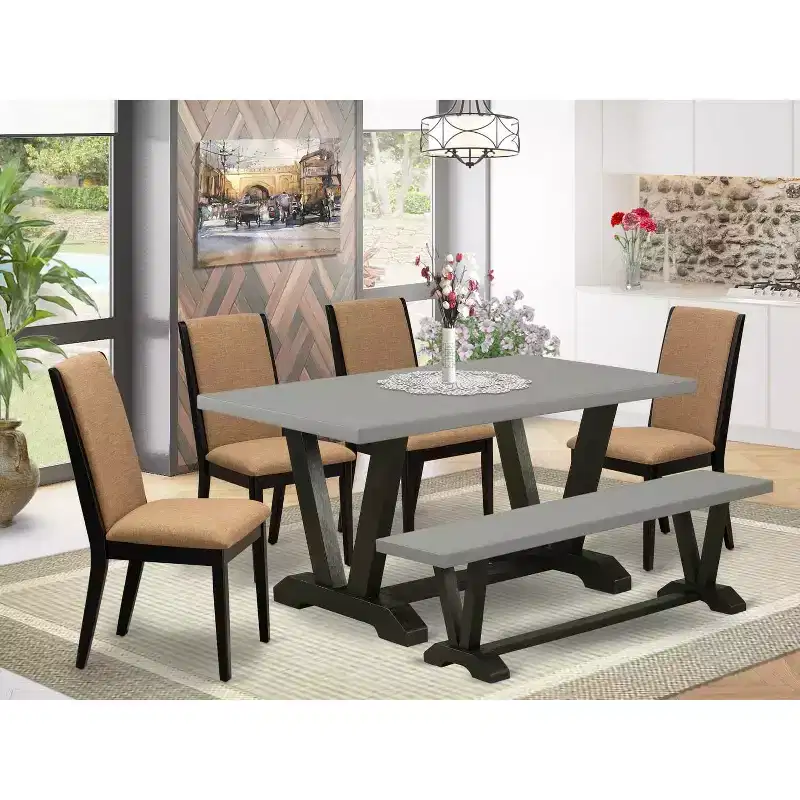 HomeStock 6-Piece Rectangle Natural Oak Finish Solid Wood Top dining Table with 1-Bench and 4-Chairs
