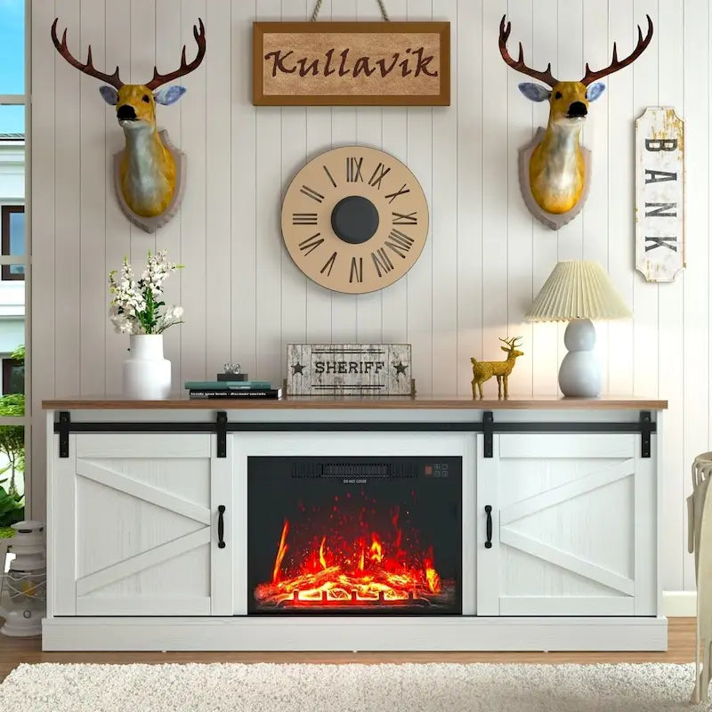 67 Farmhouse TV Stand with Large Cabinet with Sliding Barn Door & Fireplace