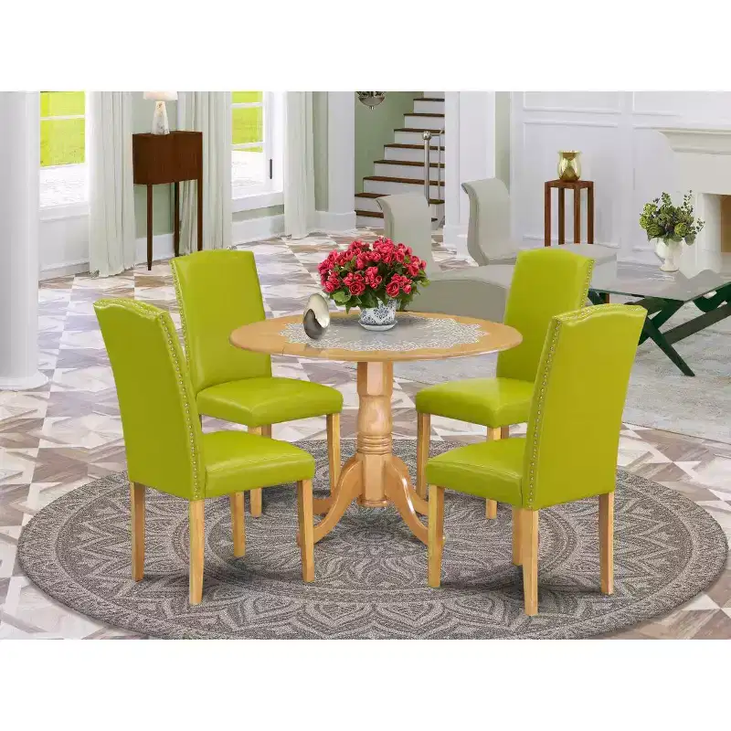 Round Kitchen Table Set 5pc 42 Table w/ Drop Leaves & 4 Parsons Chairs - Autumn Green