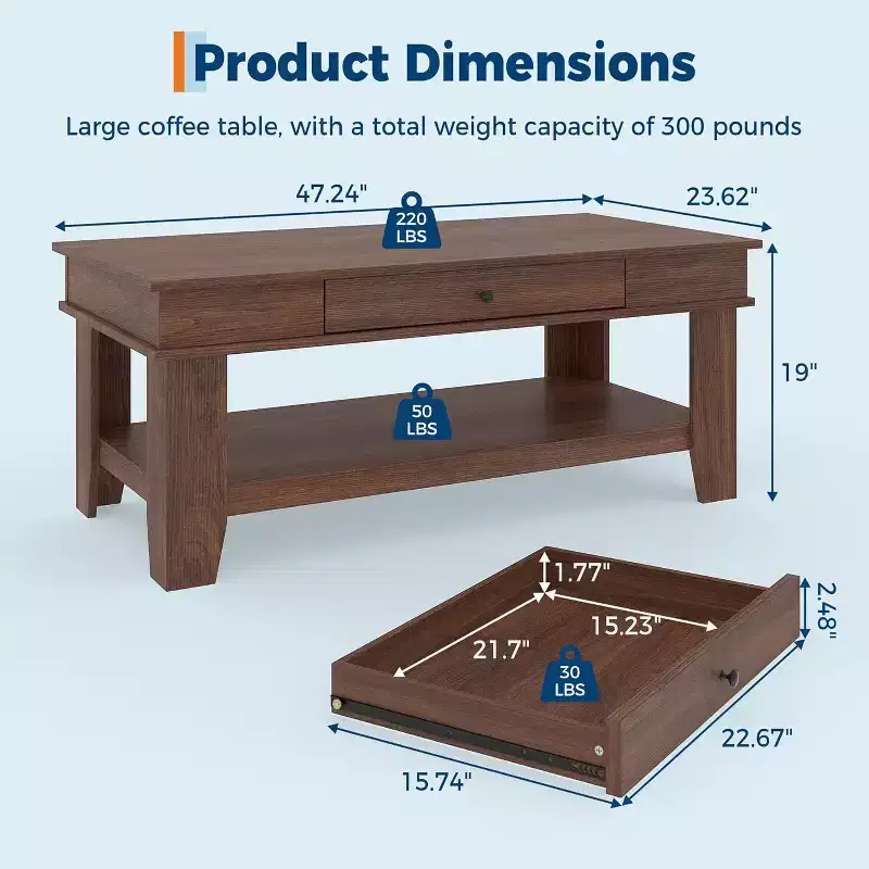 Coffee Table with Drawer and Open Storage Shelf, Large Wooden Center Table for Living Room, Easy to Clean, Brown/Light Oak