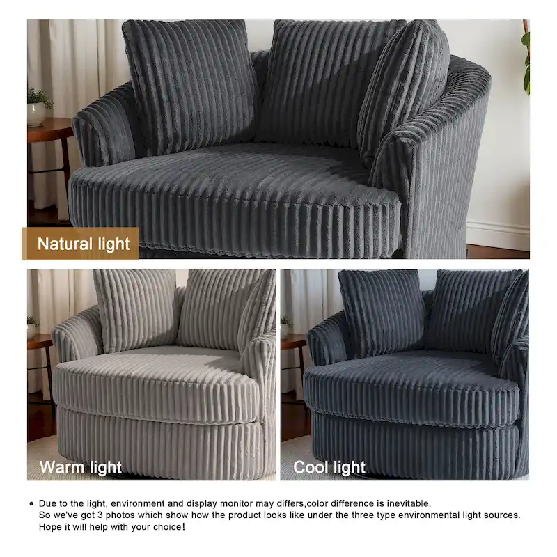 Fauteuil pivotant surdimensionné 43 W en velours côtelé pelucheux avec accoudoirs encastrés