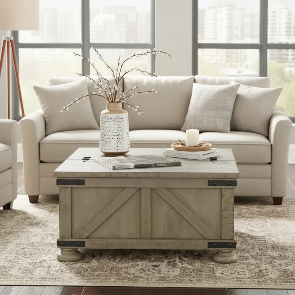 Grey Farmhouse Coffee Table with Dual-Lid Storage, Solid Pine Wood