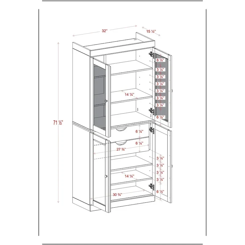 Armoire de rangement 100 % bois massif avec portes en verre dépoli, portes pleines, 2 tiroirs et étagères réglables.
