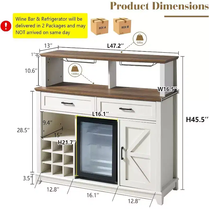 AMERLIFE Farmhouse Coffee Bar Cabinet with Beverage Refrigerator Cooler, 47 Wine Bar Dining Room, White