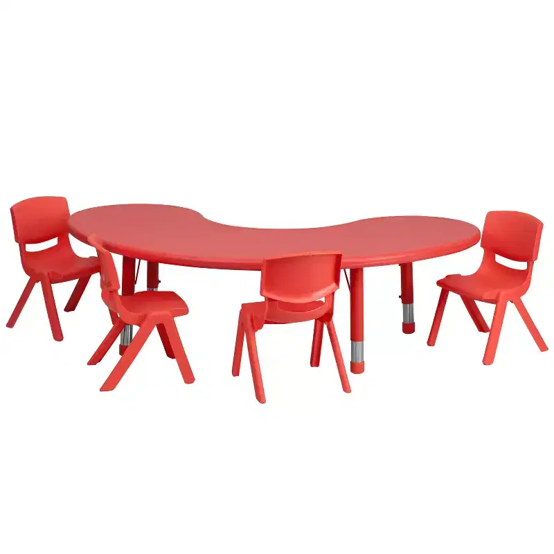 Emma and Oliver 35W x 65L Half-Moon Plastic Height Adjustable Activity Table Set with 4 Chairs