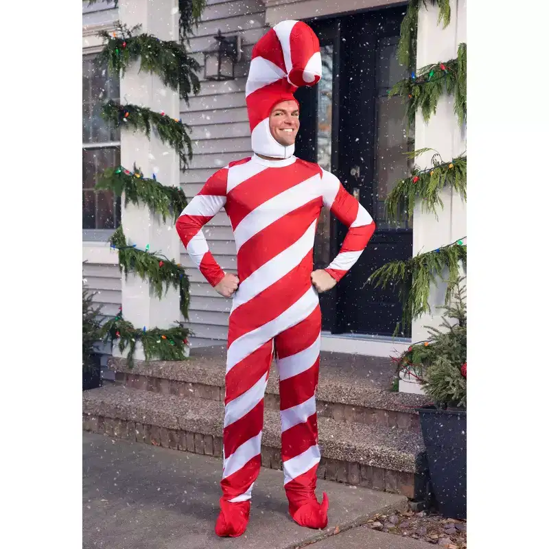 HalloweenCostumes.com Plus Size Adult Red Candy Cane Bodysuit Costume | Festive Christmas Holiday Jumpsuit with Hood and Boot Covers