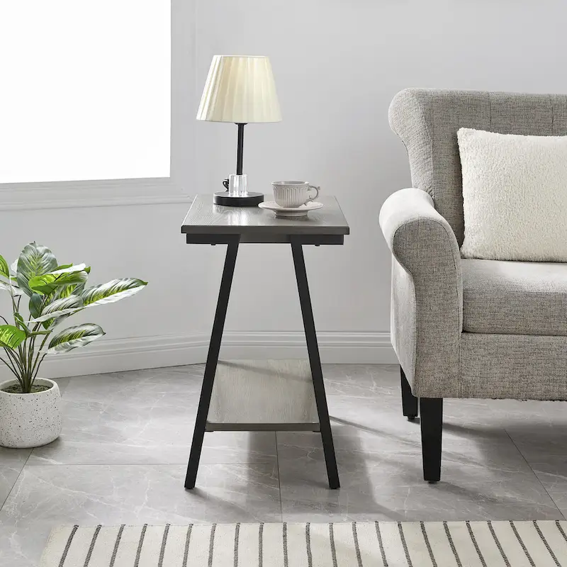 Narrow Wood Side Table with Metal Frame and Lower Shelf