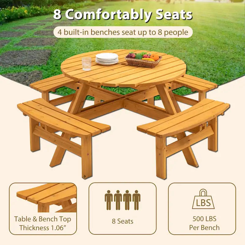 8-Person Outdoor Patio Fir Wood Round Picnic Dining Set with 4 Built-in Benches and Umbrella Hole