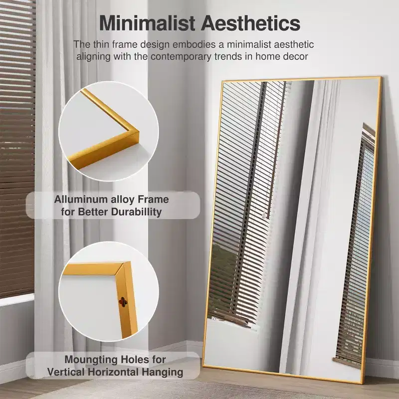 Aluminum Alloy Thin Edge Right Angle Rectangle Gold Full Length Mirror 150x90x2cm (Without Bracket)