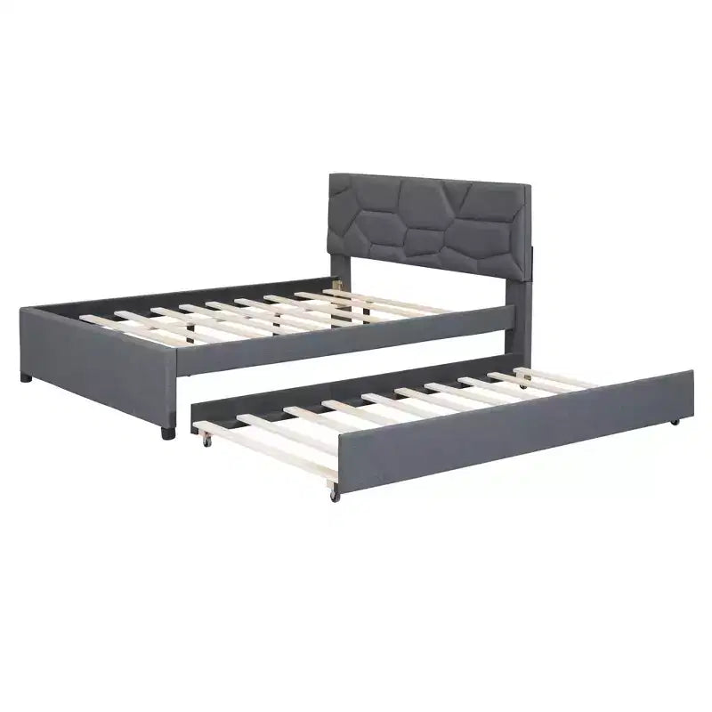 Linen Upholstered Platform Bed with Geometric Brick Headboard Twin XL Gray