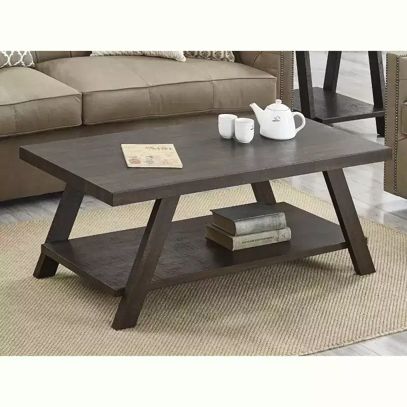 Contemporary Wood Shelf Coffee Table in Weathered Espresso