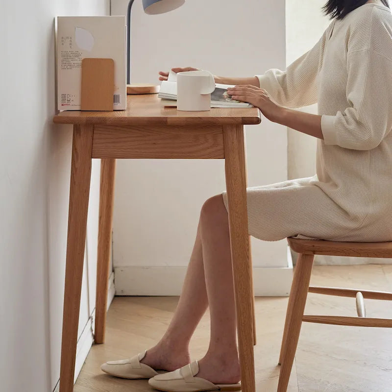 Compact Oak Writing Desk with 2 Drawers and Rounded Corners Natural Finish