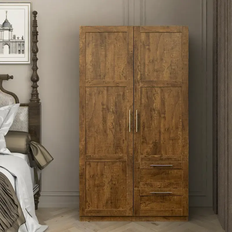 Armoire-penderie en bois blanc avec portes, tiroirs et tringle.