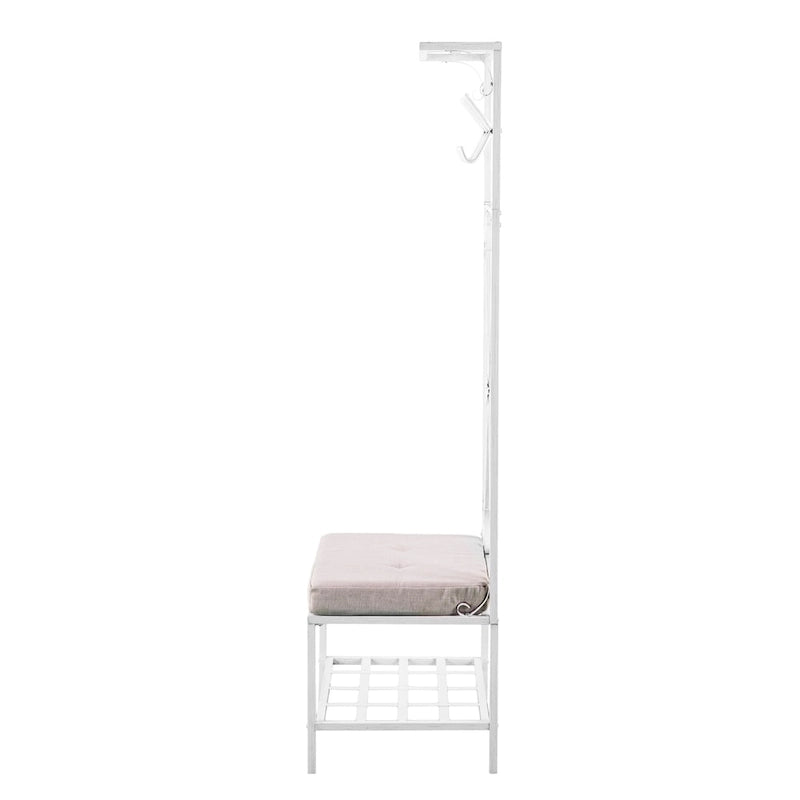 Hall Tree Coat Rack with Cushioned Seat, 12 Hooks, 2 Shelves, Distressed White Iron