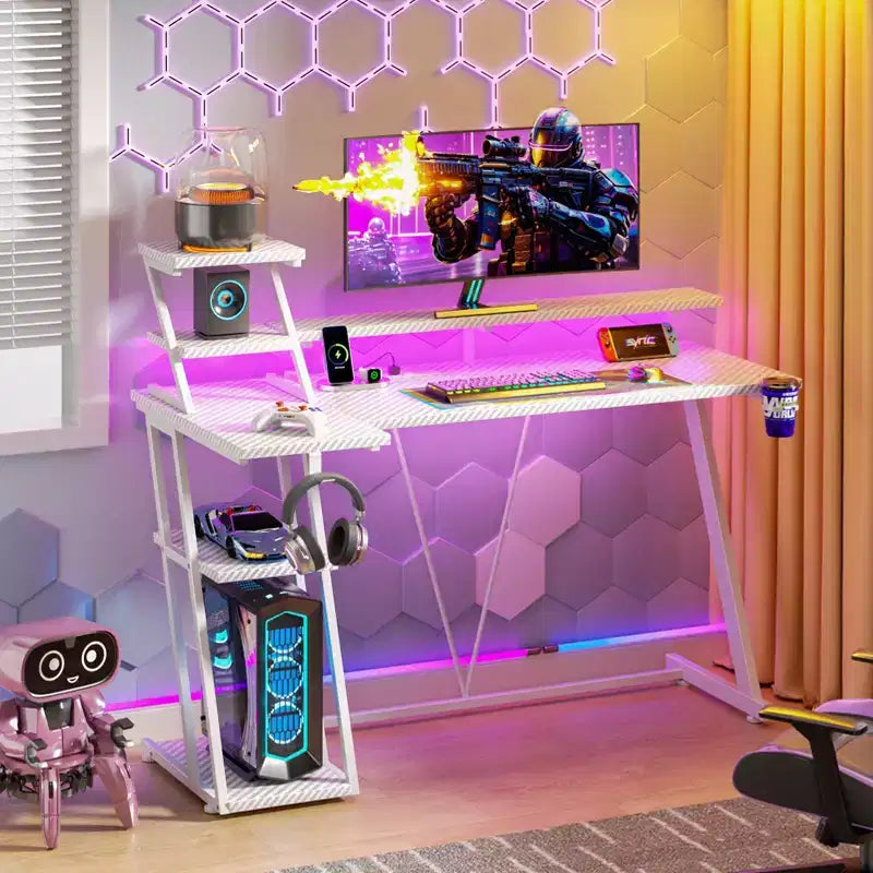 47 inch L Shaped Gaming Desk White Small Spaces Corner Computer Table with Monitor Stand Storage Shelves Gamer Desk for Bedrooms Teen PC Workstation