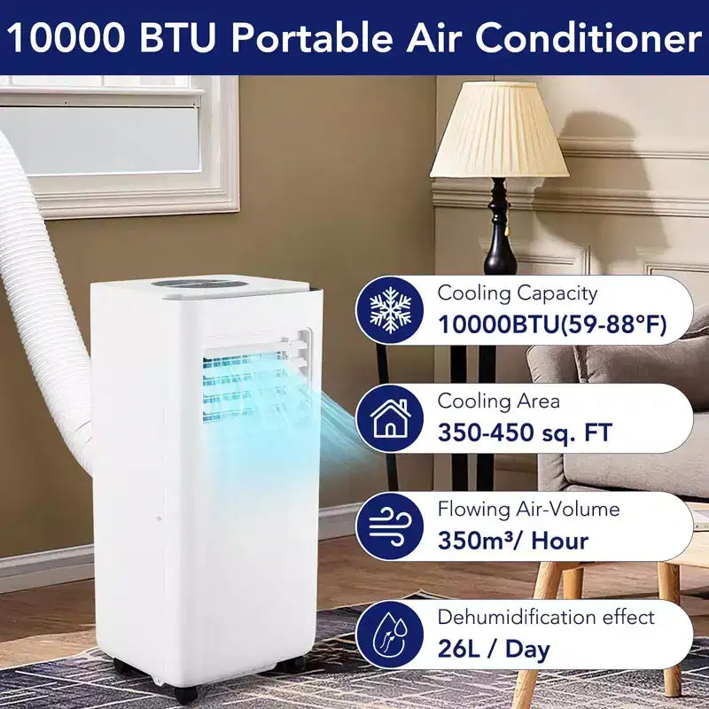 10000 BTU Portable Air Conditioner - 3-in-1 Cooling, Dehumidifier, Fan for Rooms Up to 450 Sq ft, with Remote, Sleep Mode, 24H Timer & Easy Mobility