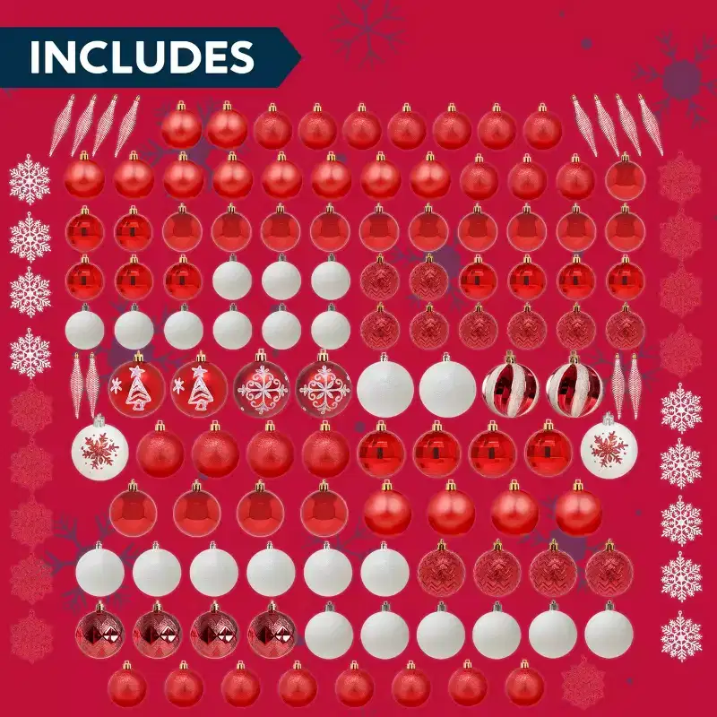 Joyfy Christmas Ornaments, Christmas Tree Decorations Indoor, 133ct Red & White Christmas Assorted Ornament Set, Hanging Balls, Tree & Wreath Decor