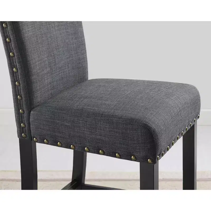 Biony Espresso Wood Counter Height Dining Set with Grey Fabric Nailhead Stools