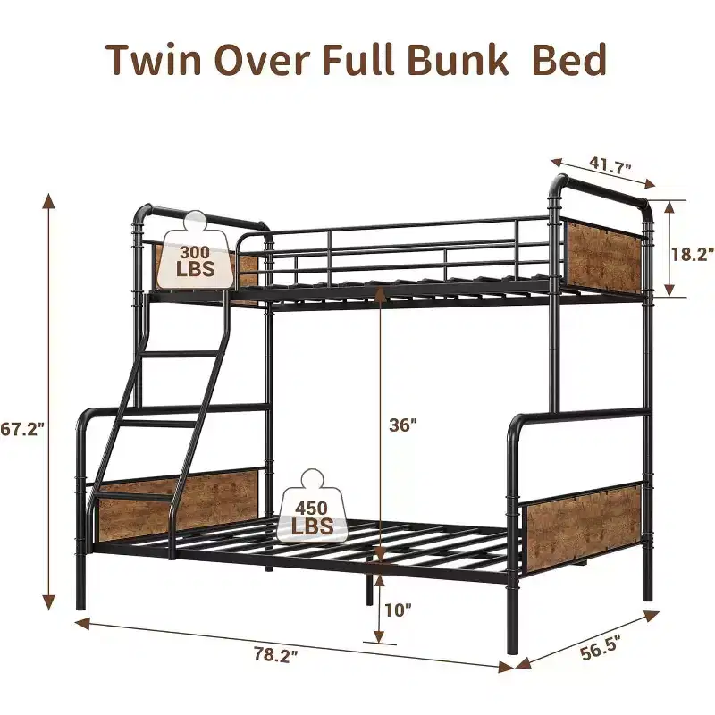 Metal Bunk Beds Twin Over Full Size with Angled Ladder and Safety Guardrails, Space Saving, Sturdy, Convertible Metal Bunk Beds