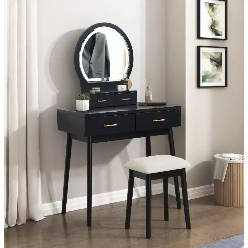 Okak Vanity Desk with Round Mirror and 4 Drawers, Makeup Vanity with Padding Stool, Dressing Table for Living Room, Bedroom