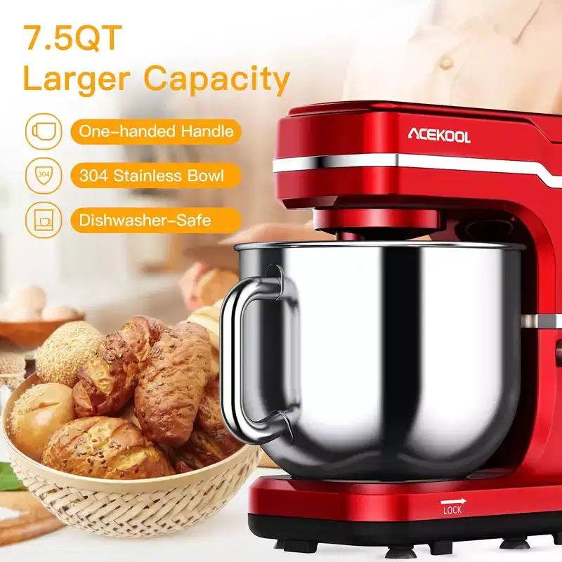 Stand Mixer 7.5 QT - 10-Speed Tilt Head Electric Kitchen Mixer with Stainless Steel Bowl, Egg Whisk/Dough Hook/Beater, Splash Guard