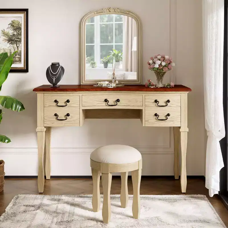 Vintage Makeup Vanity Dressing Table Vanity Desk with Curved Flower Frame Mirror, 5 Drawers & Matching Stool, Brown+Antique White - ModernLuxe