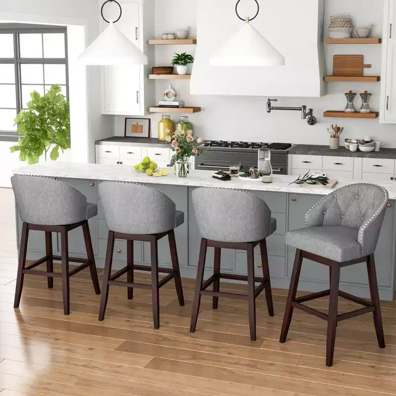 Costway Set of 4 Swivel Bar Stools Tufted Bar Height Pub Chairs with Rubber Wood Legs Grey/Beige
