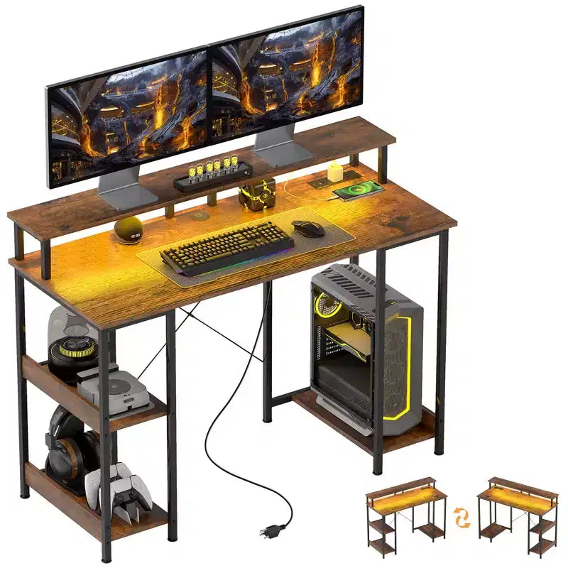 HOMCOM Reversible Computer Desk with Power Outlets and LED Lights, Home Office Desk with Monitor Stand and Storage Shelves