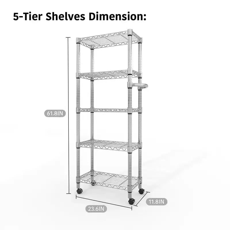 5-Tier Metal Storage Shelves with Wheels & Handle, Adjustable Wire Rack for Kitchen, Garage or Pantry, 1100LBS Capacity, Silver