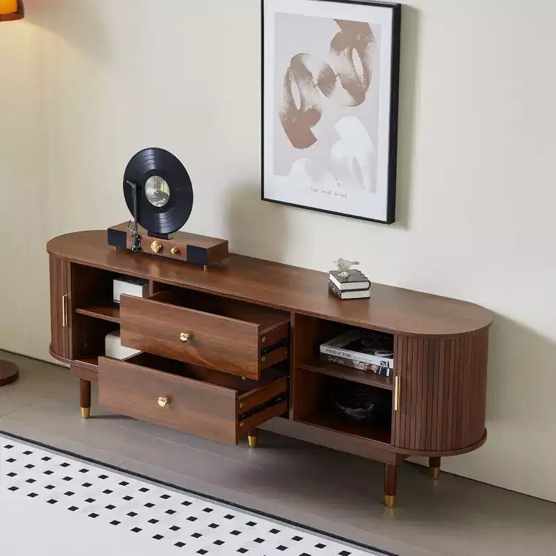 JVNOXK 66.9inchMid-Century Modern Grooved TV Console with Sliding Shutter Doors, Fits 80+ TVs, Includes Storage Cabinets Drawers, for Living Room