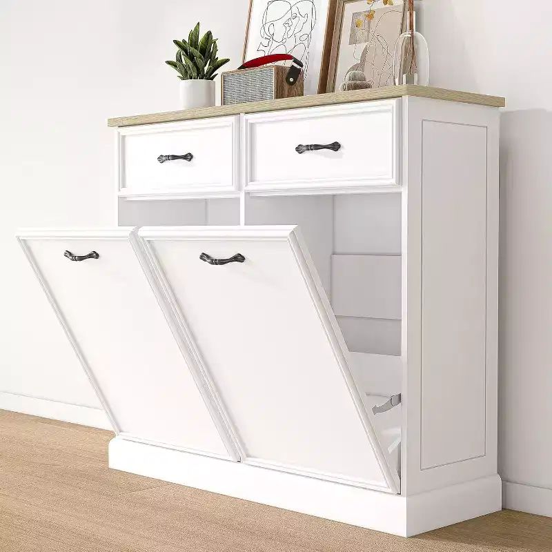 Tilt-Out Trash Cabinet  Space-Saving, Pet-Proof Hidden Trash Storage Cabinet for Kitchen and Living Room (White)