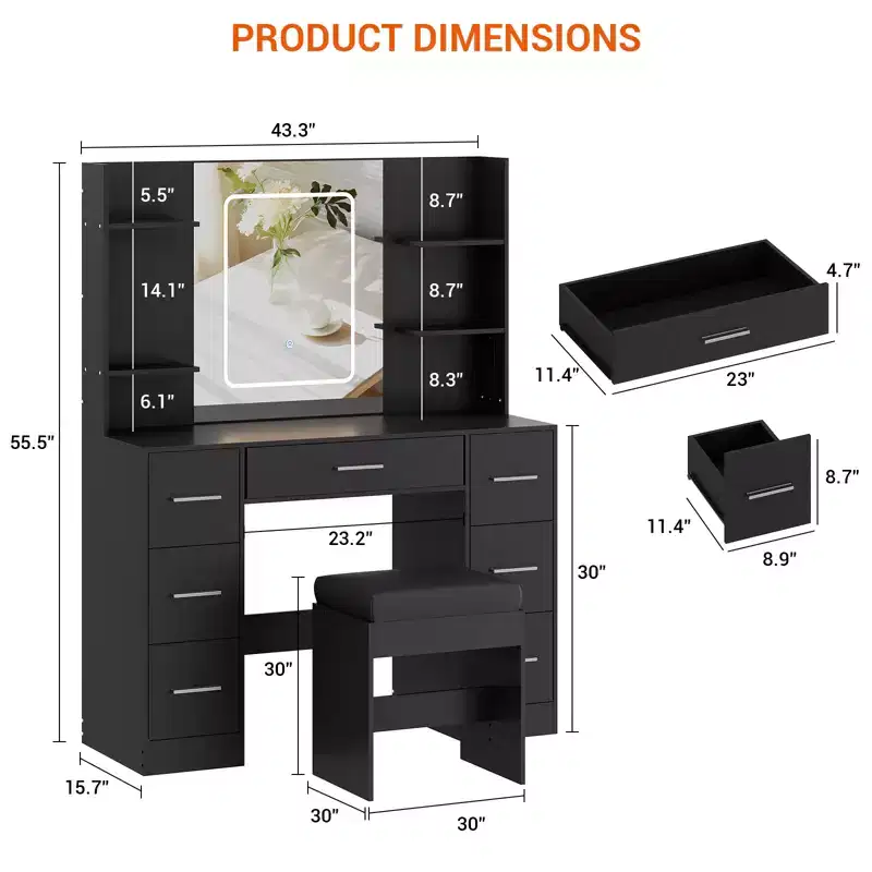 Makeup Vanity with Mirror and Chair, Hair Dryer Rack, 7 Drawers, 3 Lighting Modes Adjustable