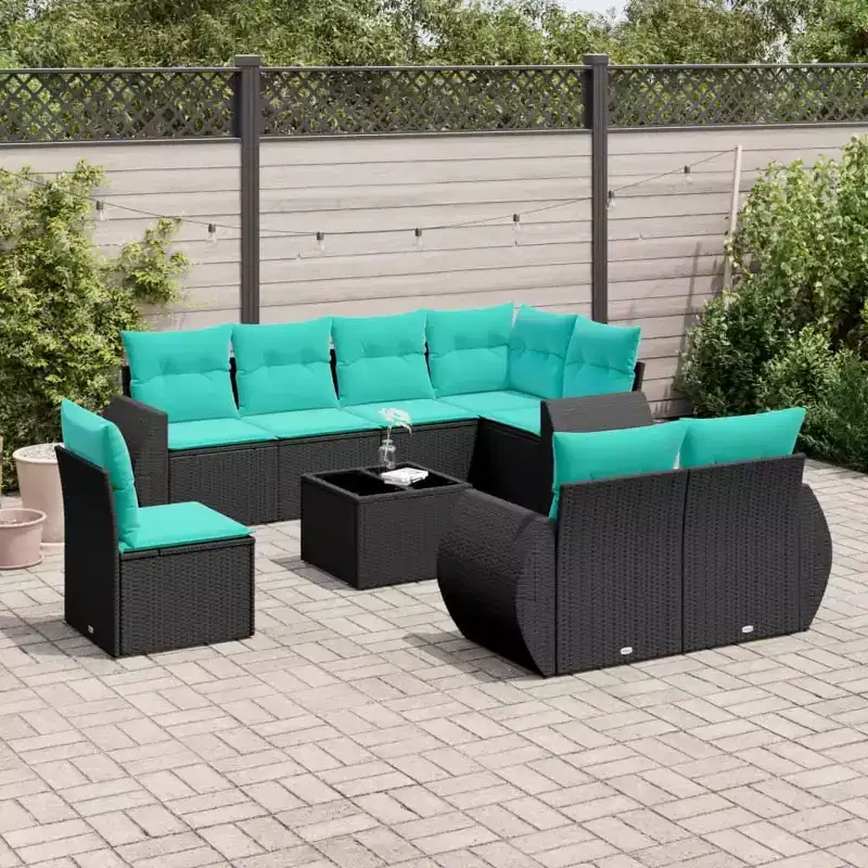 vidaXL 9 Piece Patio Sofa Set with Cushions Black Poly Rattan