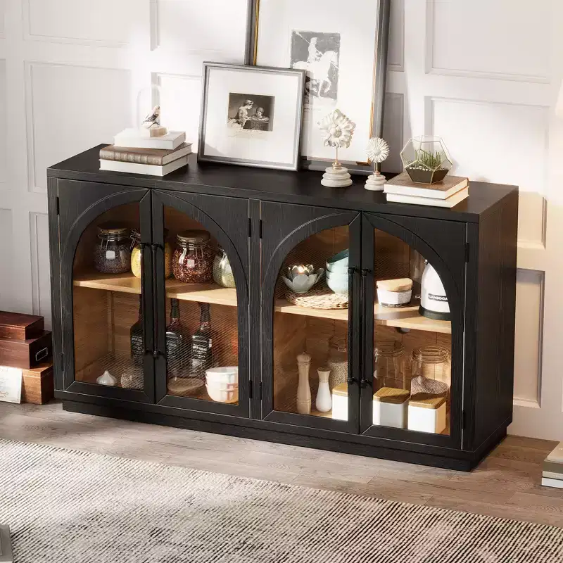 4-Door Large Storage Sideboard Buffet Cabinet with Glass Doors, Retro Arched Design