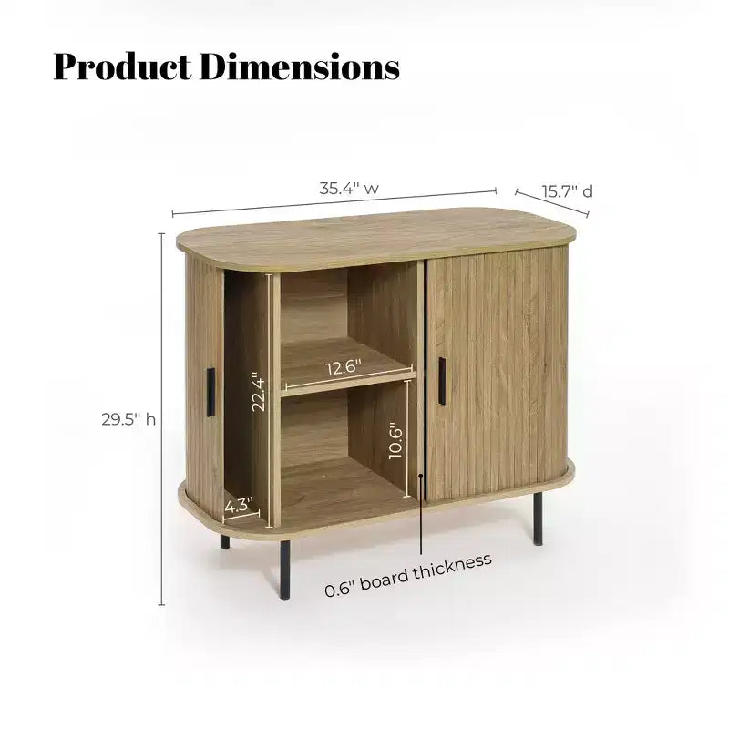 LuxenHome Sideboard Buffet Cabinet with Storage, 35 Mid-Century Modern 2-Door Accent Cabinet with Slatted Sliding Doors and Shelf, Oak