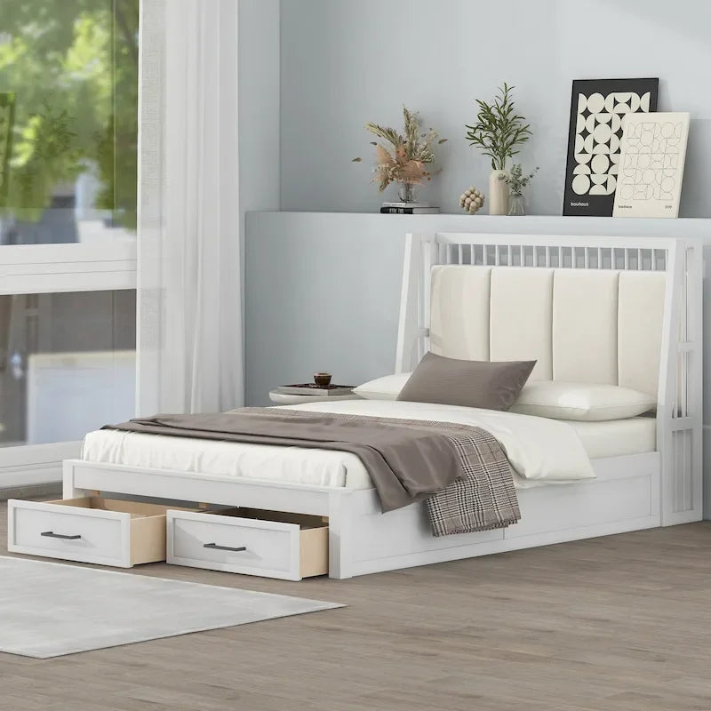 Full Size Wooden Platform Bed with Upholstered Headboard and 2 Drawers